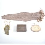 Chainmail evening bag, metal mounts; one similar; evening bags; purses; cigarette box and a tin.