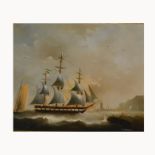 D. Hewitt, Coastal scene with three-masted ships at sea, oil on canvas, signed, 24 x 29cms.