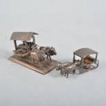 Thai white metal model cart with water buffalo, another similar.