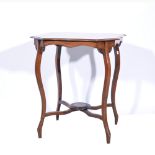 Edwardian walnut window table, cabriole legs, joined by a shelf, 60cm square, height 68cm.