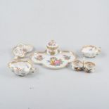 Dresden porcelain inkwell on stand, two leaf shaped dishes, candle stand etc.