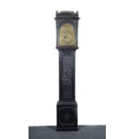 Oak longcase clock, hood with moulded cornice, turned and fluted three-quarter columns,