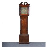 Oak and mahogany longcase clock, square brass dial signed John King,