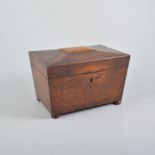 Victorian oak tea caddy, sacophagus shape, fitted interior, bun feet, 22cm.