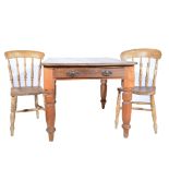 Victorian pine scrub top table, rectangular top, frieze drawer, turned legs, width 122cm,
