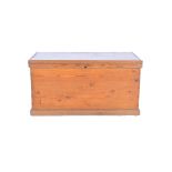Victorian pine blanket box, rectangular lid, plinth, width 86cm, depth 44cm, height 45cm.
