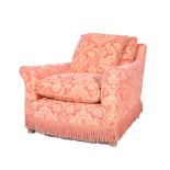 Victorian deep easy chair, with loose Sanderson style red damask upholstery, W92cm x D96cm.