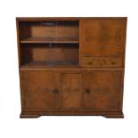 1930s walnut side cabinet, fitted with an arrangement of sliding glass doors, cupboards and drawer,