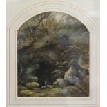 Victorian School, 'Figures by the entrance to a cave', watercolour, arched, 22cm x 19cm.