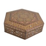 Damascus ware hexagonal box, parquetry inlay, width 31cms, with key.