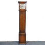 Oak grandmother clock, silvered square dial, brass spandrels, 137cm.