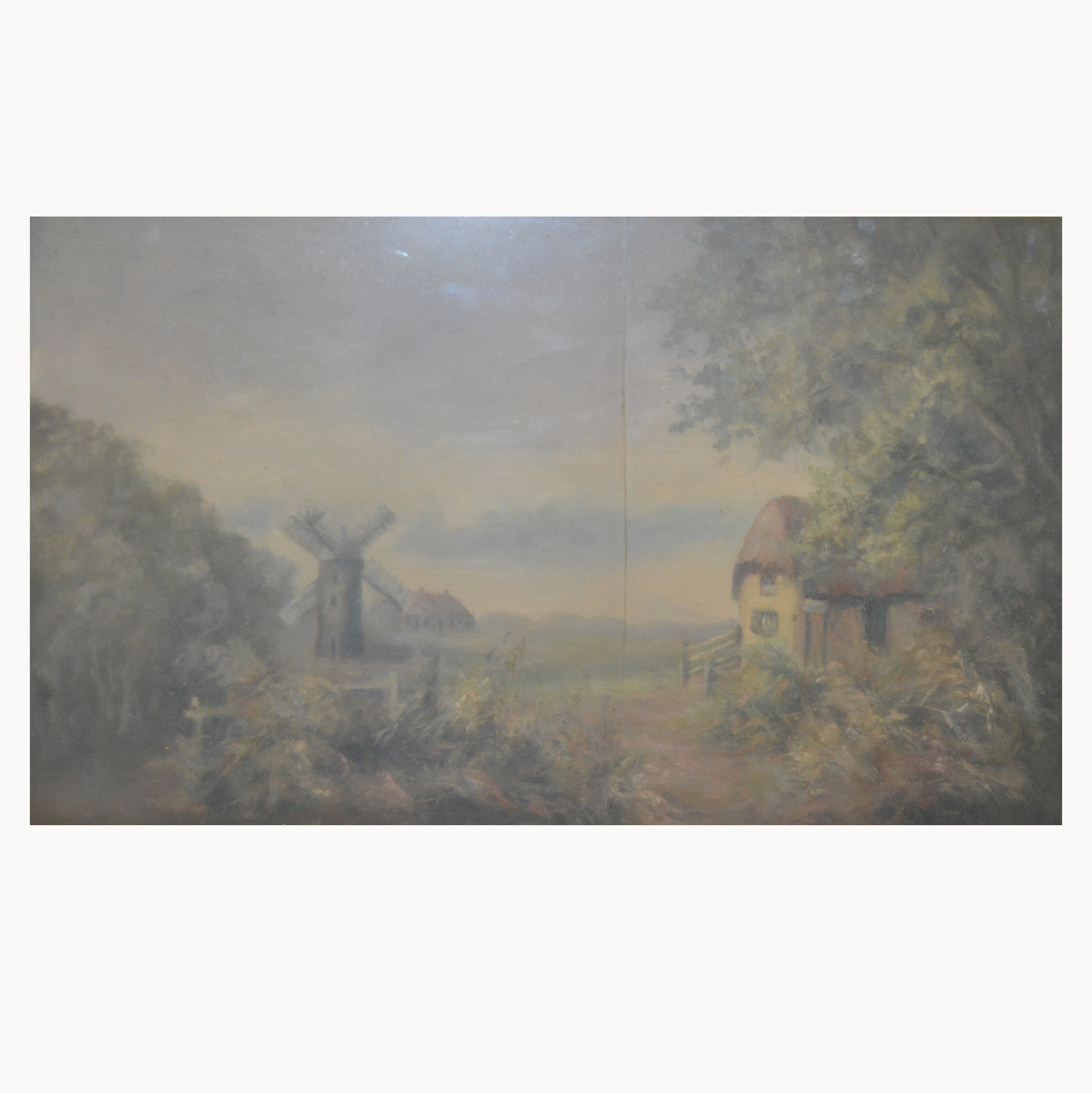 Victorian School, landscape with a windmill and cottage, oil on canvas, unsigned, 29cm x 49cm.