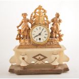 French gilt painted spelter and alabaster mantel clock, drum flanked by figures, white enamel dial,