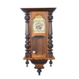 Walnut and stained wood Vienna wall clock, architectural pediment piece,