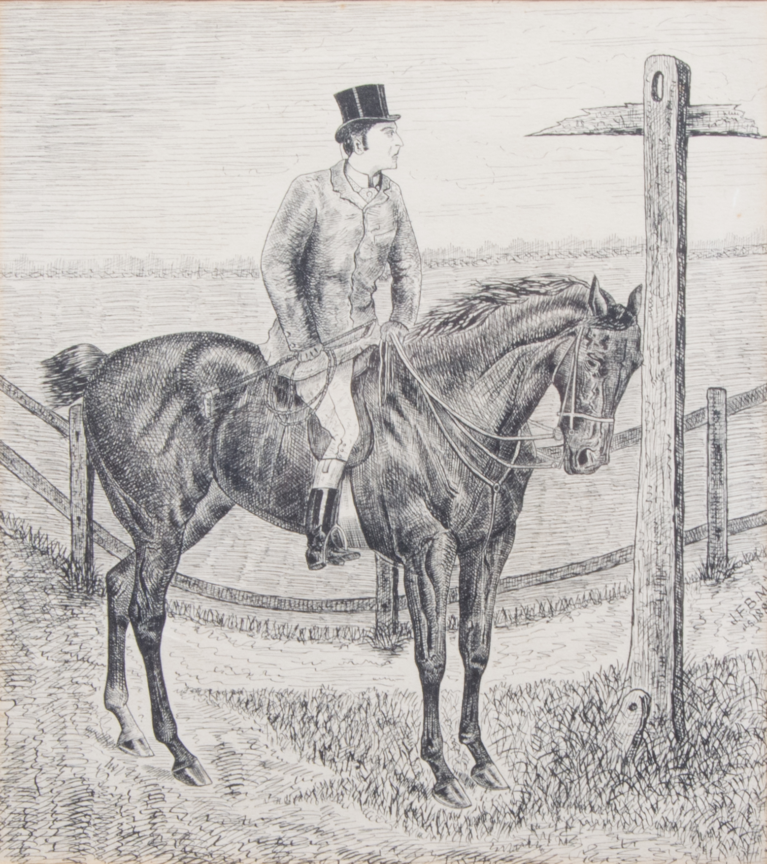 J.F.B.M. A Huntsman at a Crossroads pen and ink drawing signed with initials and dated 1914.