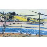 Rigby Graham Reservoir landscape signed and dated '55, mixed media 15cm x 25.5cm.