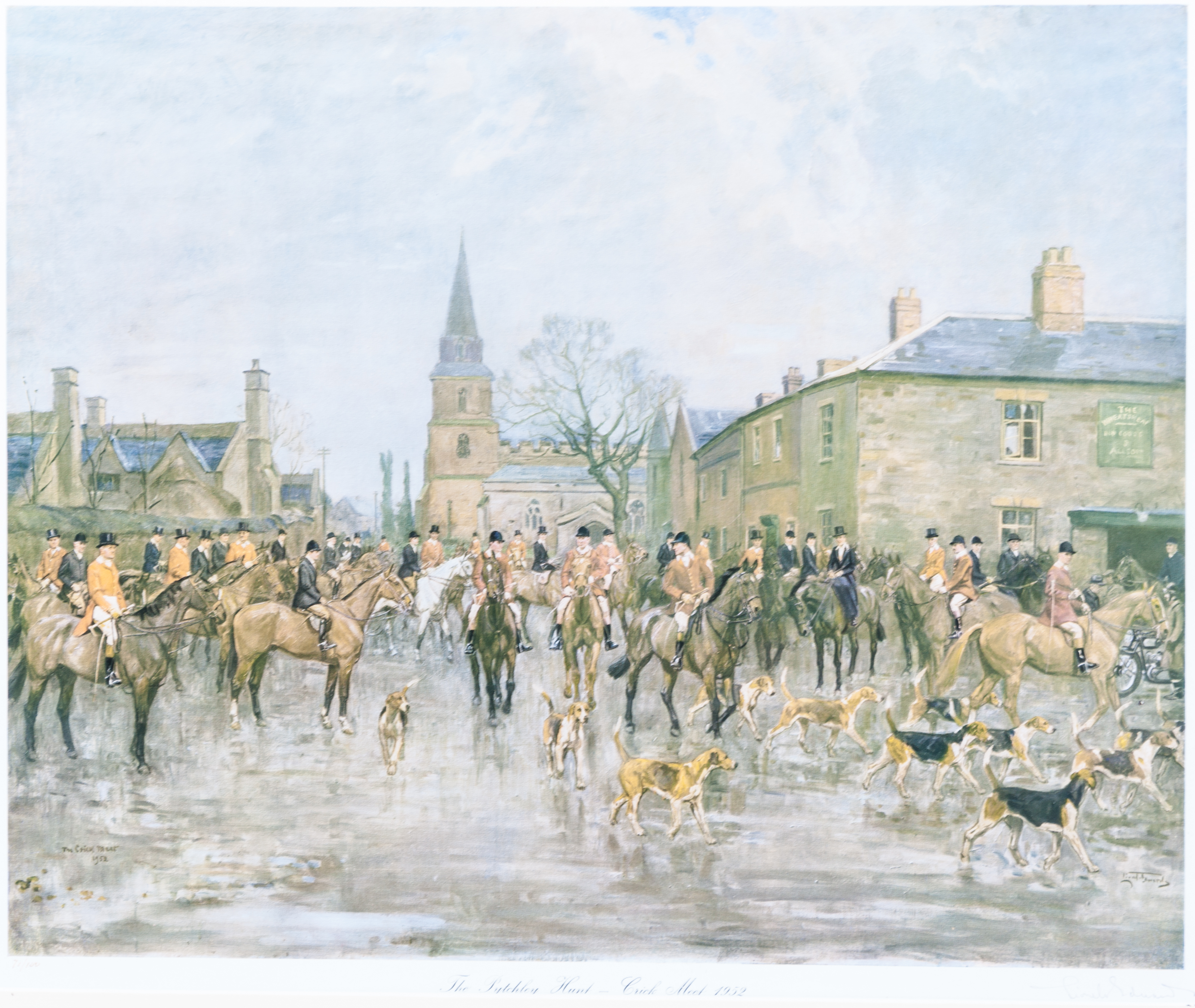 Lionel Edwards The Pytchley Hunt, Crick Meet, 1952 signed, colourprint,