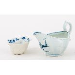 English porcelain blue and white butter boat, probably Worcester, 1760s, press moulded with leaves,