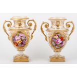 Pair of Derby urn-shape vases, leaf-capped scrolled handles,