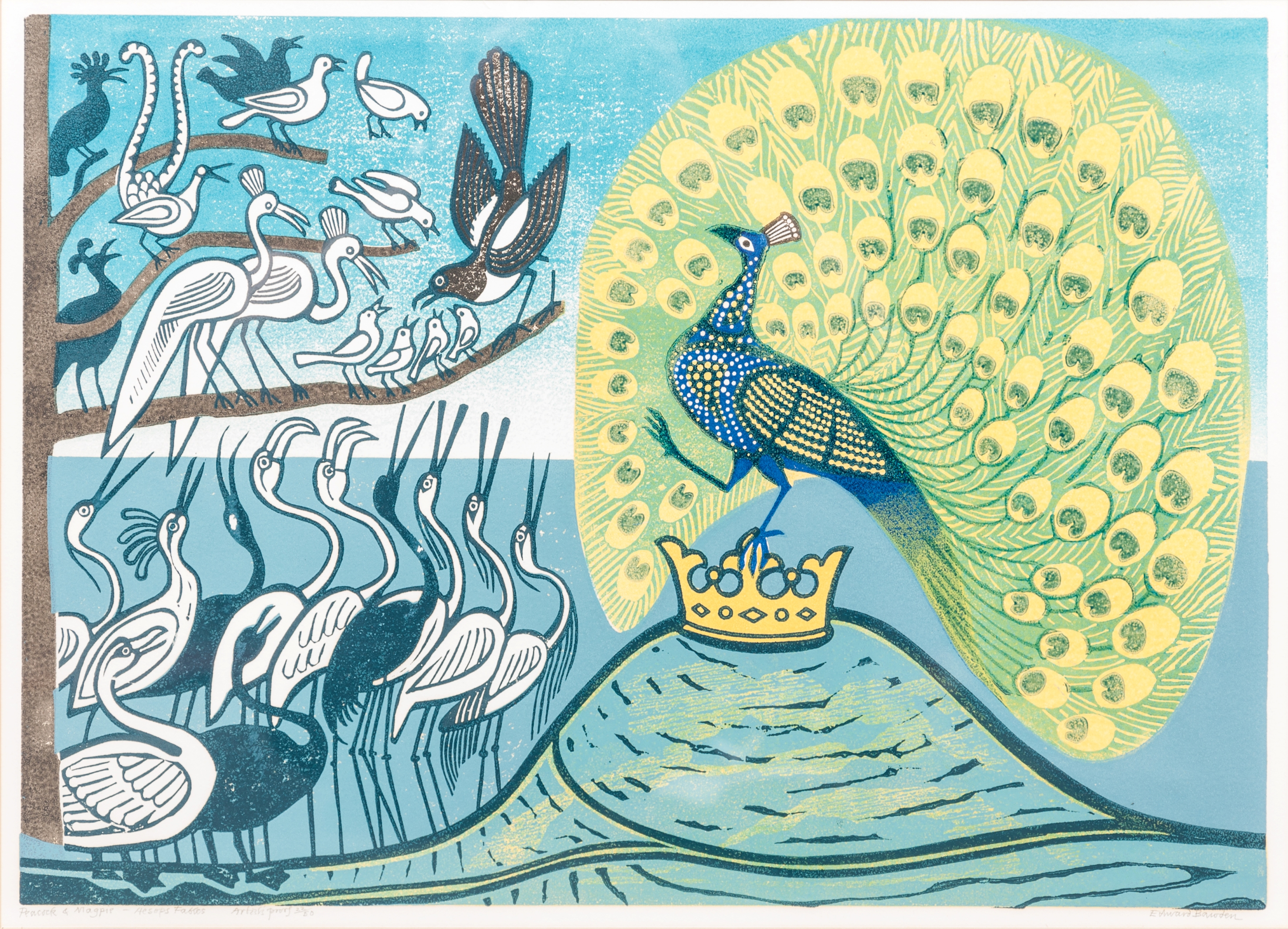Edward Bawden Peacock and Magpie - Aesop's Fables signed and titled colour linocut Artist's Proof,