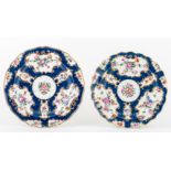 First Period Worcester polychrome plate, circa 1770, scale blue ground, floral panels,