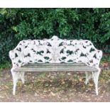 Coalbrookdale style Fern pattern cast metal garden suite, comprising bench slatted wooden seat,