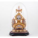 French gilt spelter and Sevres style Rose Pompadour porcelain mantel clock,