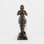 After O Ruffony Joan of Arc dark patinated bronze figure on a marble plinth 35cm.