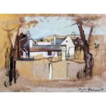 Rigby Graham Cottages between trees, Ashby Magna signed, titled and dated 1955,