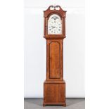 Oak longcase clock, swan neck pediment centred by a brass finial, turned and fluted columns,
