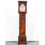 Walnut longcase clock, hood with moulded cornice, turned columns, long arched door moulded outlines,