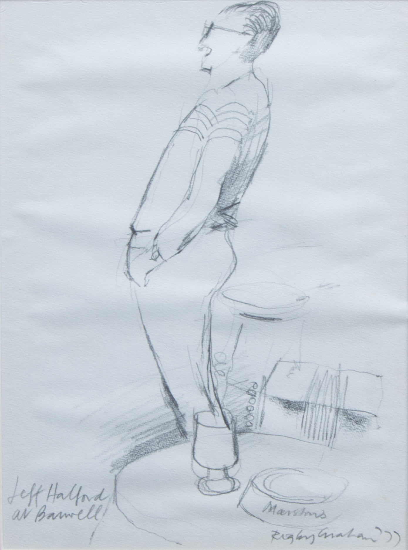 Rigby Graham Jeff Halford at Barwell signed, titled and dated '77, pencil sketch 23cm x 16.5cm.