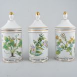 Set of six Limoges Apothecary jars, cylindrical form with domed lids, 27cm.
