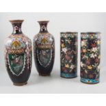 Pair of Cloissone vases, square section, panels with exotic birds, height 32cm,