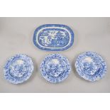 Four transfer ware dishes, a set of Riley's semi-china soup plates and other plates.