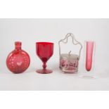 Cranberry glass baluster shape jug,17cm, other cranberry and coloured glassware, (8).