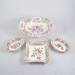 Large Dresden centre bowl, reticulated rim, floral painted design, two pairs of twin-handled dishes,