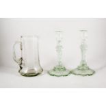 Three cut-glass candlesticks, faceted knops, 24cm and other glassware.