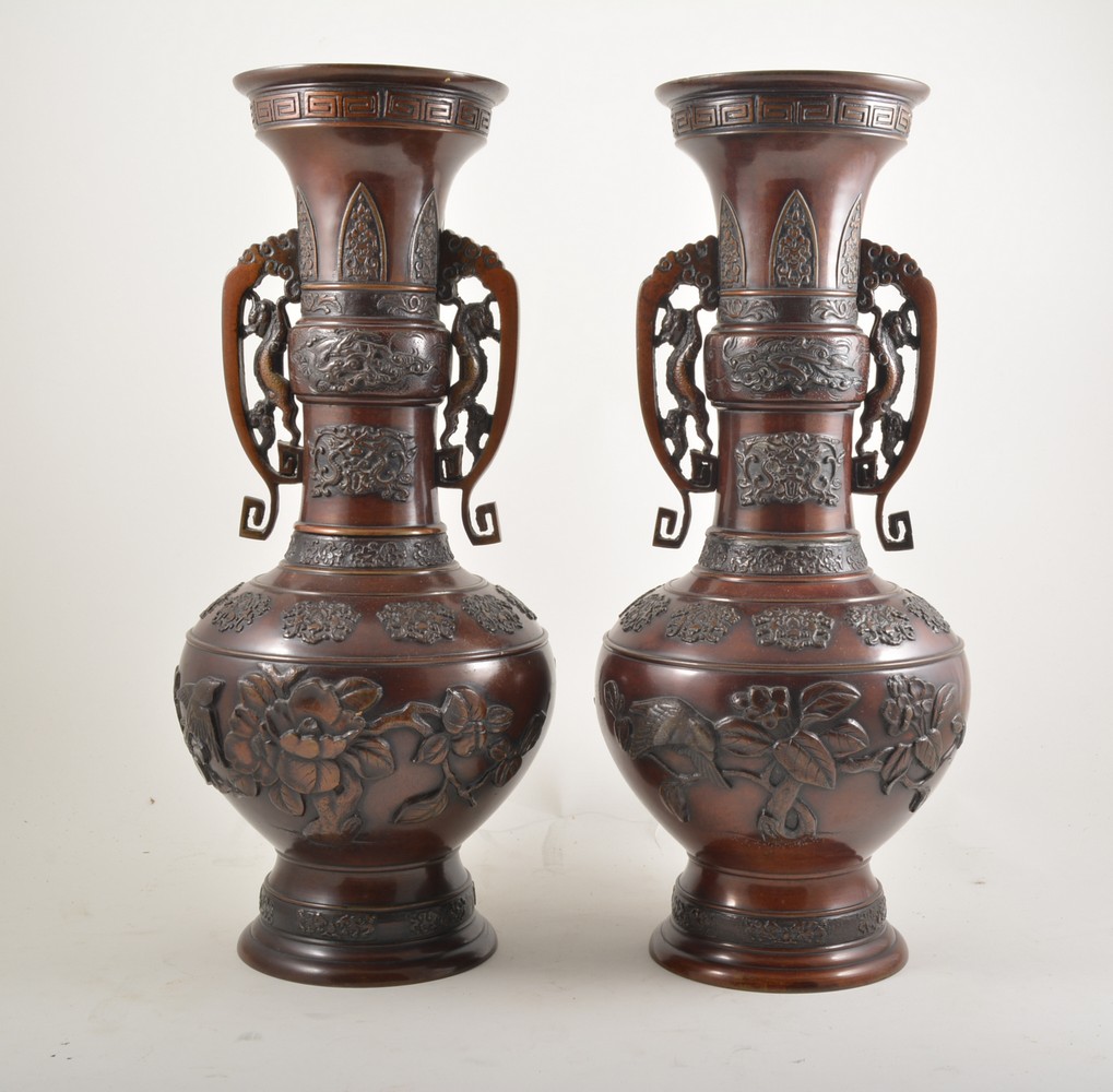 Pair of Chinese bronze vases, archaic form, twin scrolled handles, applied motifs, - Image 2 of 2