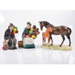 Royal Doulton figures, Balloon Man; Balloon Lady; horse and foal, and Coalport lady,
