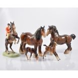 Beswick pottery rearing huntsman; Shire horse, brown; cantering mare and two foals, (5).