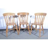 Set of eight beechwood lath back kitchen chairs, solid seats, turned legs, 87cm.