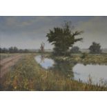 Mike Gibson, river landscape with a windmill, oil on canvas, signed, 23cm x 33cm.