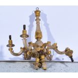 Cream painted and parcel gilt six-branch chandelier, fitted for electricity, substantial damage,