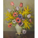 Nesta Warren, still life vase of flowers, oil on canvas, signed, 59cm x 49cm.