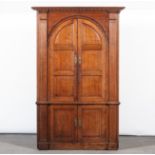 George III oak freestanding corner cupboard, dentil and cavetto cornice,