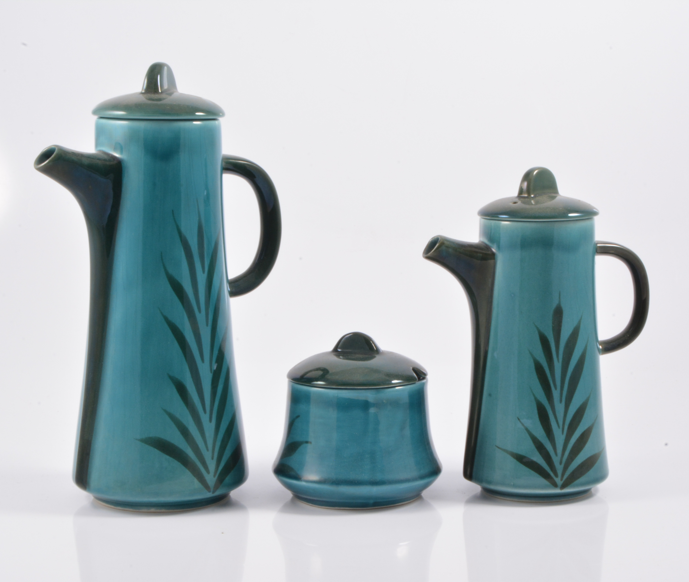 Studio type pottery coffee set, in olive green and turquoise.