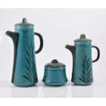 Studio type pottery coffee set, in olive green and turquoise.