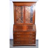 George III style mahogany bureau bookcase, cavetto moulded corners, blind fretwork frieze,