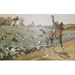 After Cecil Aldin, 'The Harefield Harriers', three colour prints, 38cm x 62cm, unframed.